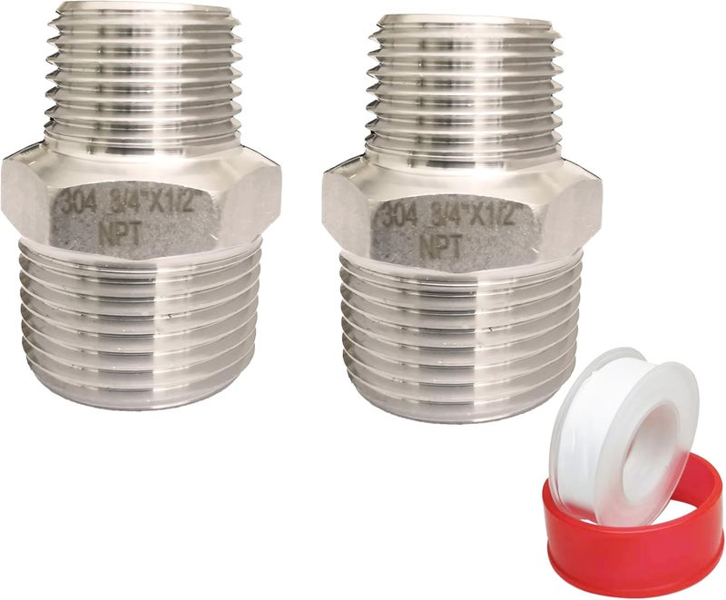 POTONZ 3/4" Male x 1/2" Male NPT Threaded Reducing Hex Nipple ，304 Stainless Steel Reducing Pipe Fitting Nipple Adapter With Teflon Plumbers Tape (Pack of 2) - Image 1